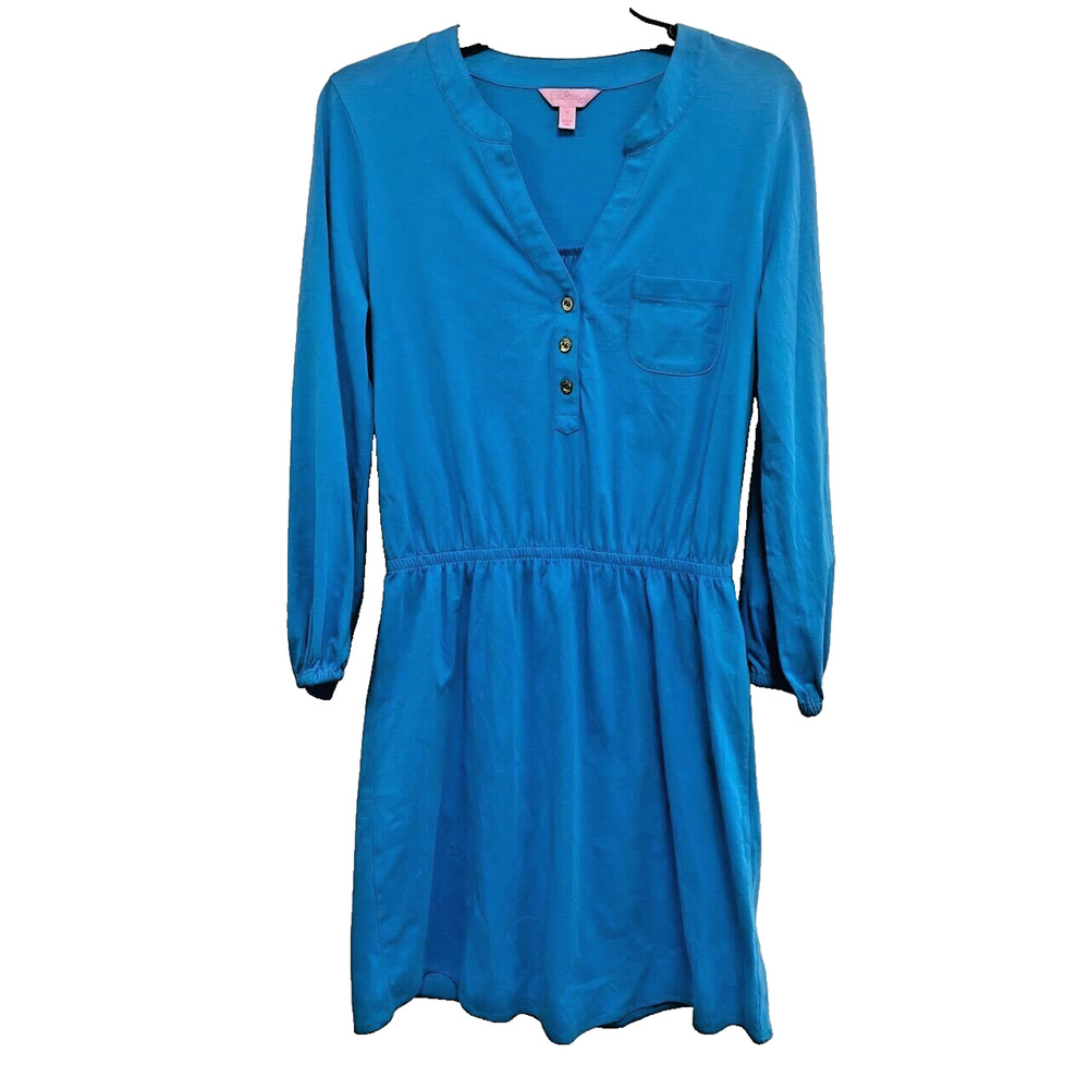 Lilly Pulitzer Beckett Dress in Ariel Blue pima cotton 3/4 sleeve sz M A000419 - Picture 2 of 7